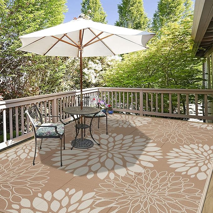 Ileading Waterproof Outdoor Rug 8x10, Reversible Plastic Straw Patio Rug, Portable Indoor Outdoor RV Camping Mat Carpet for Deck, Porch, Balcony, Backyard, Picnic, Floral Brown