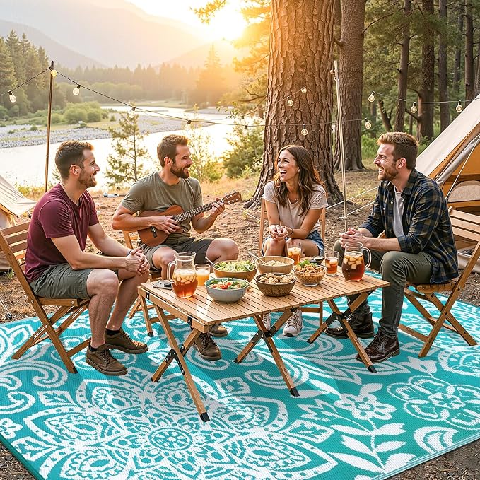 Findosom Waterproof Outdoor Rug 5' x 8' - Reversible Mandala Outdoor Plastic Straw Rug, Durable Foldable Patio Rug for RV, Deck, Balcony, Backyard, Picnic, Porch, Camping, Beach, Blue