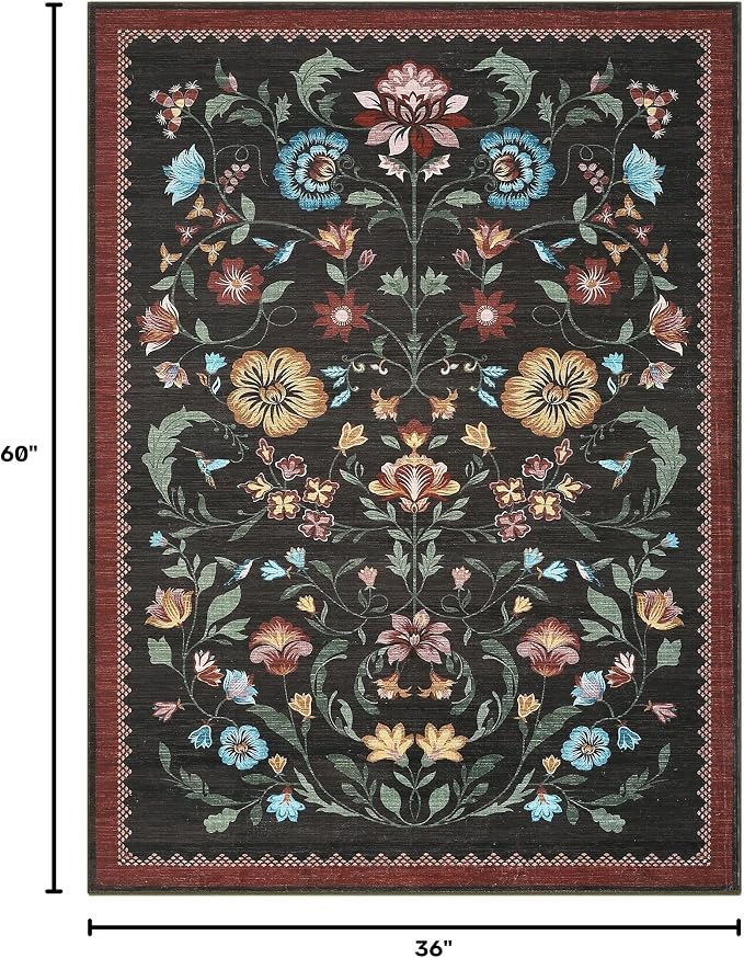 GarveeHome Washable Rug 3x5 Area Rugs for Living Room, Floral Rug for Bedroom, Soft Boho Non Slip Throw Rugs with Rubber Back, Low Pile Stain Resistant Vintage Floral Carpet for Dining Room, Red