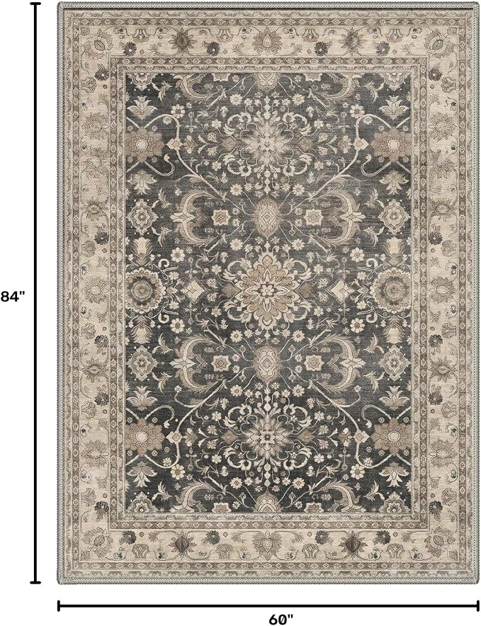 5X7 Area Rug for Living Room, Washable Boho Oriental Floral Non Slip | Easy Care Faux Wool Rug for Bedroom Dining Room, Dusty Taupe Vintage Floral Rug, Non-Shedding, Vacuum Friendly, Thin Indoor