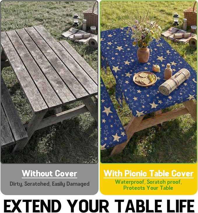 Picnic Table Cover with Bench Covers Waterproof Campsite Tablecloth Patio Camp Backyard Camping Kitchen Essentials Accessories Supplies Rv Cabin Gear Acampar Must Haves Table Cloth Camper Women Gifts