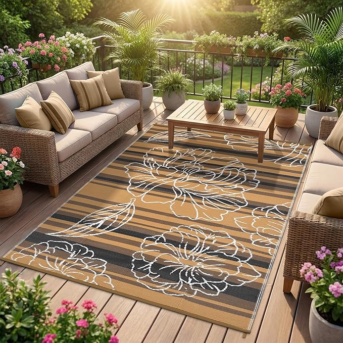 Garvee 5x8 Outdoor Waterproof Rug, Floral Outdoor Area Rug，Reversible Plastic Straw Patio Rug, Portable Camping Mat for RV, Picnic, Beach, Balcony, Garden & Camping Black&Brown