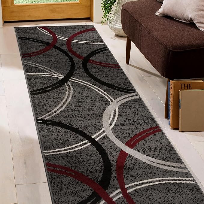 Rugshop Wavy Circles Modern Non-Shedding Runner Rug Red 2' x 7'2" | Runner, Size 2' x 7'2", Living Room, Bedroom, Dining Room, Home Office, Kitchen, Entryway, Hallway, Nursery, Kids Room