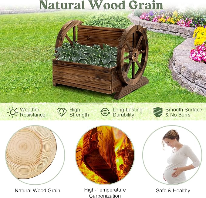 OIPRTGFJ Wooden Wagon Planter Box, Garden Planter with Wheels,Decorative Planter for Flowers Herbs Vegetables for Indoor & Outdoor Décor, Flower Cart for Patio Garden Balcony