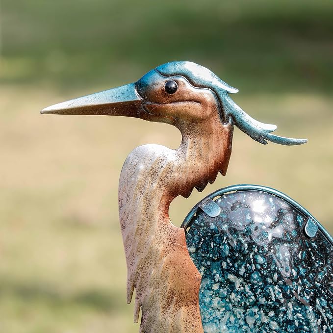 TERESA'S COLLECTIONS Blue Heron Garden Decor for Outside, Glass Solar Lighted Lawn Ornament for Yard Art, Weatherproof Decorative Stake for Patio Outdoor, 39 Inch