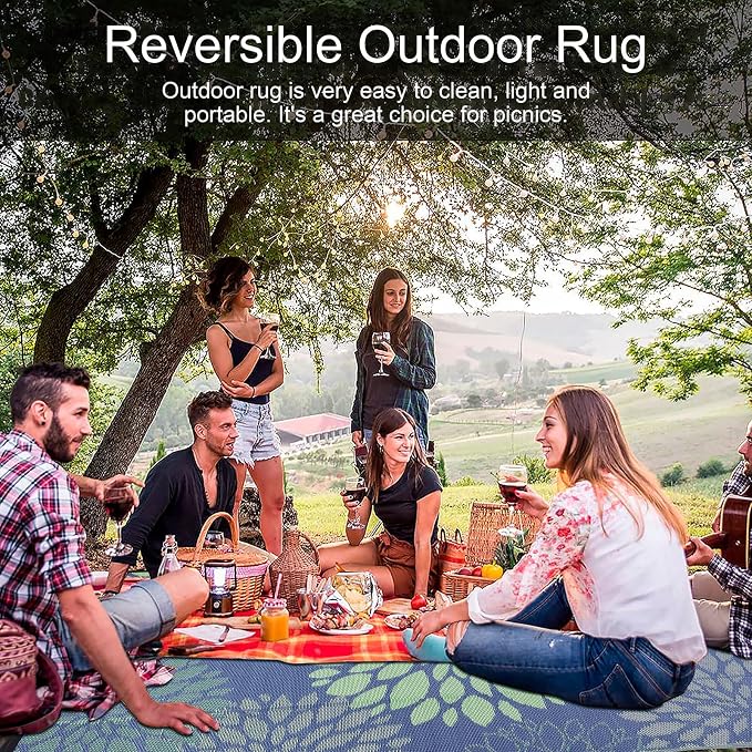 Ileading Waterproof Outdoor Rug 6x9, Reversible Plastic Straw Patio Rug, Portable Indoor Outdoor RV Camping Mat Carpet for Deck, Porch, Balcony, Backyard, Picnic, Floral Navy Blue