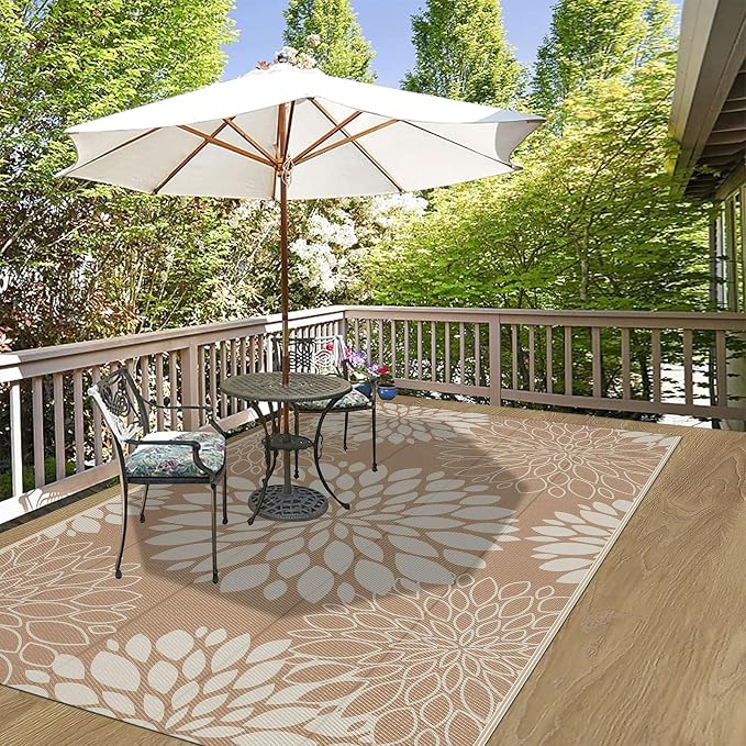 Ileading Waterproof Outdoor Rug 5x8, Reversible Plastic Straw Patio Rug, Portable Indoor Outdoor RV Camping Mat Carpet for Deck, Porch, Balcony, Backyard, Picnic, Floral Brown