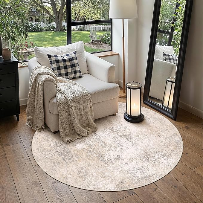 4ft Round Beige Modern Abstract Washable Rug for Living Room | Low Pile, Non Slip, Modern Abstract Style, Soft Round Rug for Living Room, Bedroom, Dining Room, Home Decor