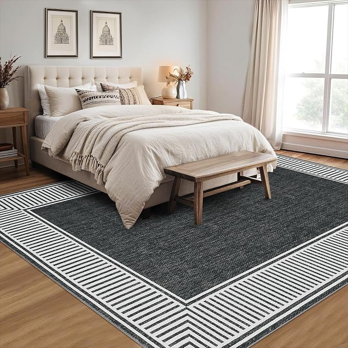 GarveeHome Living Room Area Rug 8x10 Modern Striped Border Throw Carpet | with Rubber Backing Low Pile Stain Resistant Dining Room Rug Contemporary Bordered Carpet for Home Office, Black