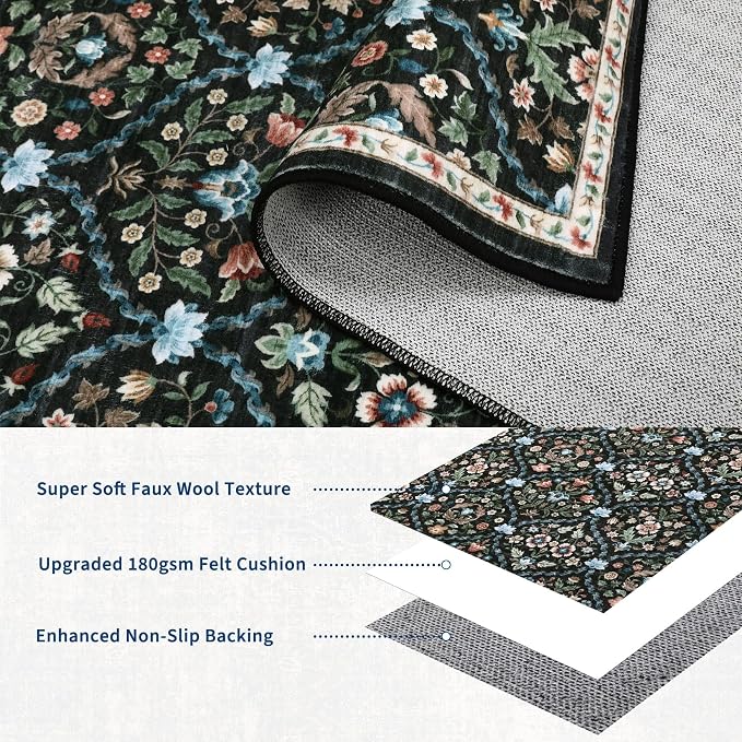 ROYHOME 8x10 Area Rug Trellis Machine Washable Rug for Living Room | Stain Resistant Non-Slip Accent Rug Carpet Farmhouse Vintage Distressed Floral Floor Cover for Home Decor, Black