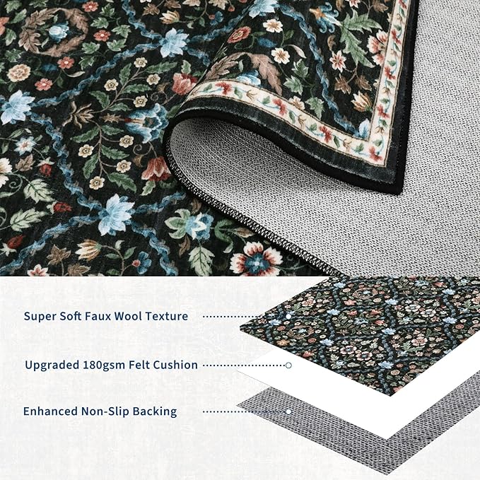 ROYHOME Machine Washable Rug Trellis Distressed Area Rugs 4' x 6' | Stain Resistant Non-Slip Carpet Vintage Floral Accent Rug Farmhouse Floor Cover for Dining Room Bedroom, Black