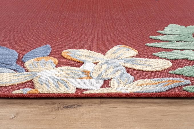 Outdoor Rug 10x14 Washable Area Rugs Indoor Outdoor Carpets Red Border Floral Non Shedding Waterproof Easy Clean Patio Deck Porch Living Room Bedroom Garden RV (10 X 14 Red)