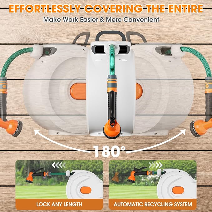 Retractable Garden Hose Reel 1/2 in x 100 ft Wall Mounted, Auto Rewind with Slow Return & Any-Length Lock, No Kink Tangle-Free, 3/4 in Brass Connector, 180° Swivel, Heavy Duty Hose Reel for Outside