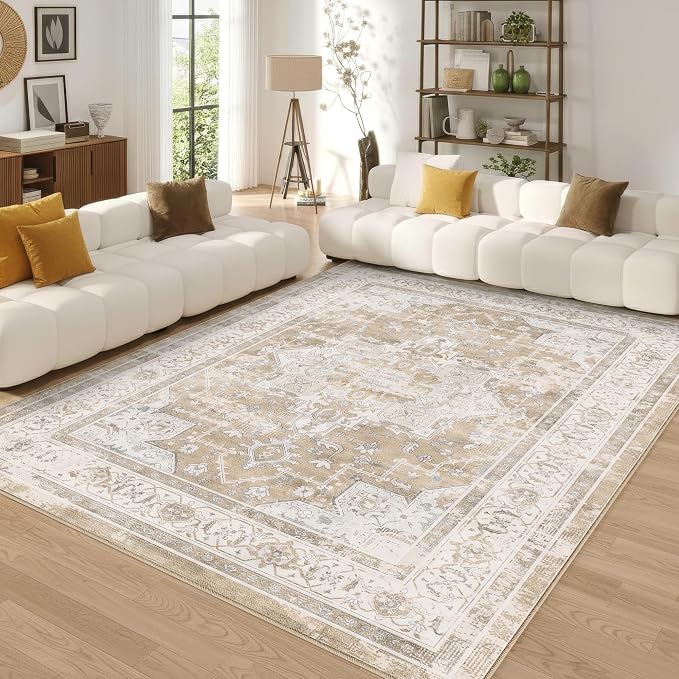 5x7 Area Rug for Living Room Vintage Neutral Washable Rugs | Stain Resistant Farmhouse Boho Floral Indoor Carpet for Bedroom Office and Home Decor(Beige&Brown)