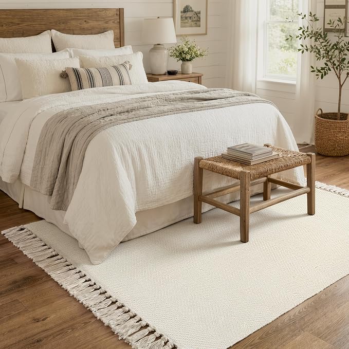 4' x 6' Bedroom Area Rug, White Modern Indoor Outdoor Rug | Boho Farmhouse Living Room Rugs, White Hand Woven Comfy Bedside Mats, Reversible Braided Dining Room Carpet for Nursery Patio