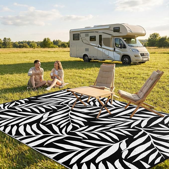 Smiry Outdoor Rug 6x9 ft, Waterproof Reversible Plastic Straw Rugs, Outdoor Area Rug with Leaf Pattern, Outside Floor Mat for Patio, Backyard, Deck, Picnic, Beach, Camping, Black & White
