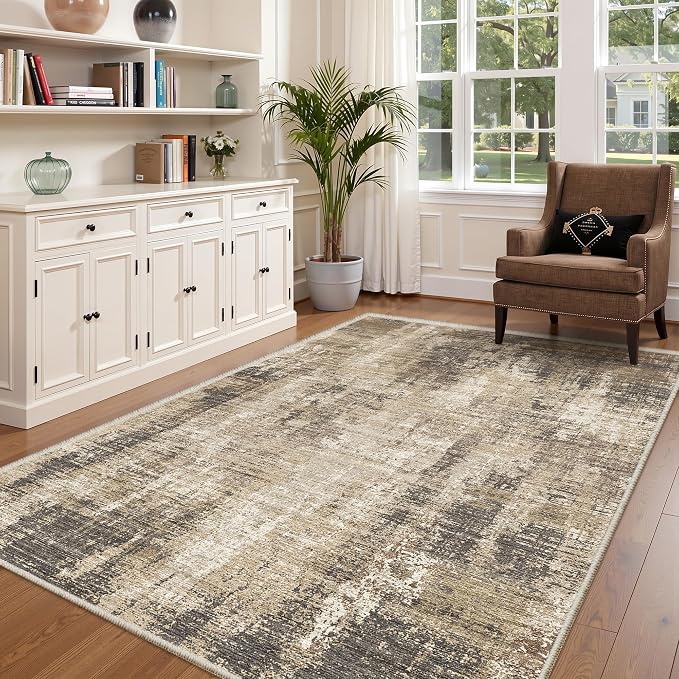 Valenrug 5x8 Area Rug, Abstract Large Washable Rugs for Living Room, Taupe | Soft Thin & Lighweight, Folable, Stain Resistant Low Pile Non Slip Modern Distressed Carpet Rugs for Bedroom, Dining Room