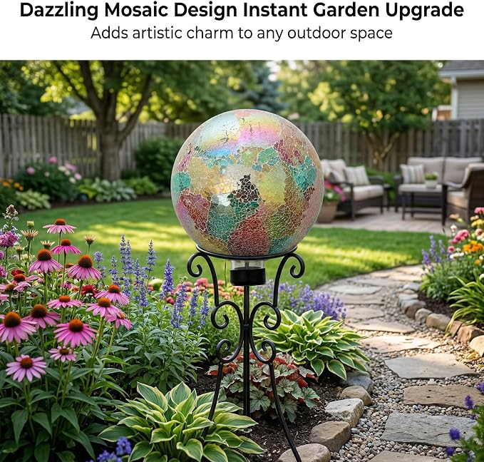 Topadorn 10" Iridescent Mosaic Glass Gazing Ball, Reflective Garden Globe Sphere for Outdoor Decor, Colorful Garden Ball for Patio, Yard & Flower Beds