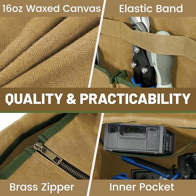 Canvas Tool Bag, 16OZ Waxed Canvas Tool Tote Bag with Metal Zipper & 12-Pocket Design, Multi-Purpose Garden Tool Storage Tote for Electrician Gardener Plumber | Khaki | 14.5"L x 7.5"W x 10"H