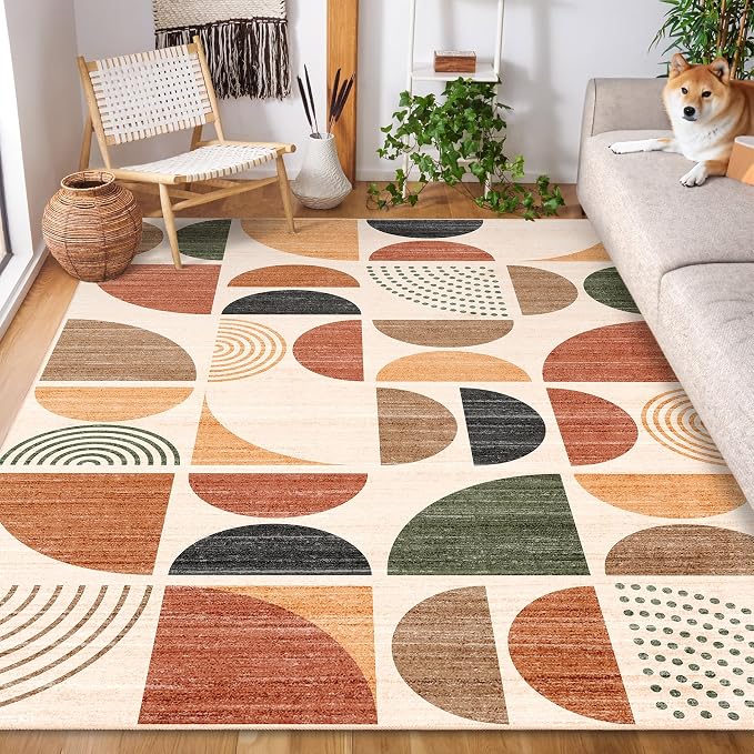 5x7 Area Rugs Washable,Boho Rugs Non Slip Modern Abstract Large | Throw Carpet for Living Room Bedroom Dining Room Soft Low Pile Floor Indoor Bohemian Terracotta