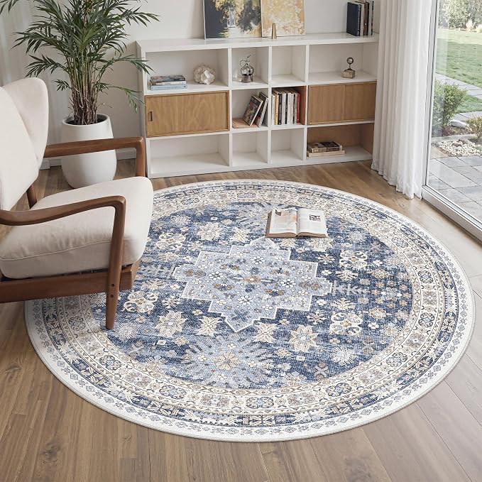 Round Rug 5ft,Circle Rug for Dining Room Table,Blue | Washable Rugs for Kitchen,Entryway,Bedroom,Dining Room,Nursery Room,Thin,Soft Runner Rug,Stain Resistant Indoor Carpet