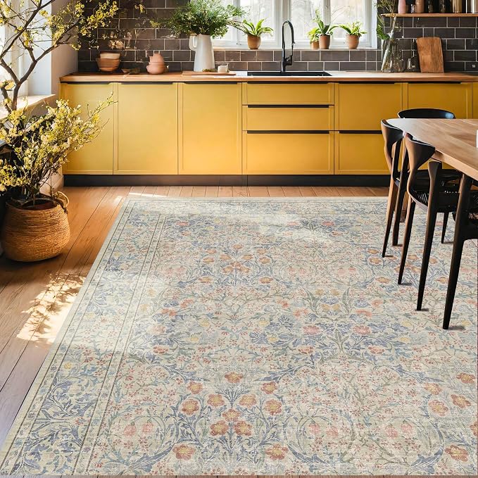 Washable Light Blue Bedroom Rug, 9x12 Area Rug for Living Room, Large Dining Room Rugs for Under Table, Soft Low Pile Non-Slip Stain Resistant Carpet - Vintage Floral Design (9x12 Beige Blue)