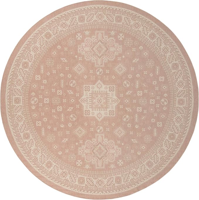 Unique Loom Outdoor Aztec Collection Area Rug - Chalca (13' Round, Pink/ Ivory)