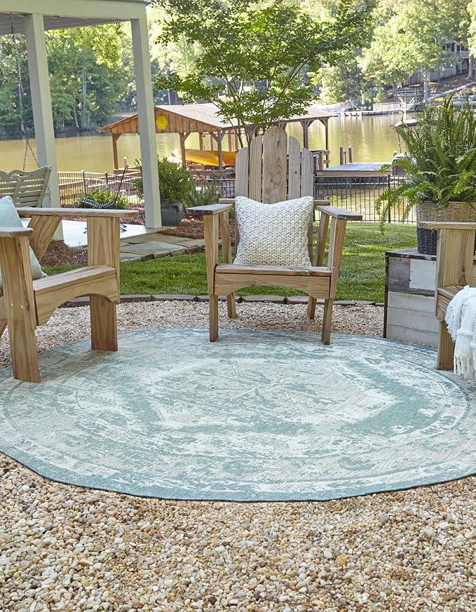 Unique Loom Outdoor Traditional Collection Area Rug - Valeria (10' Round, Aqua/ Ivory)