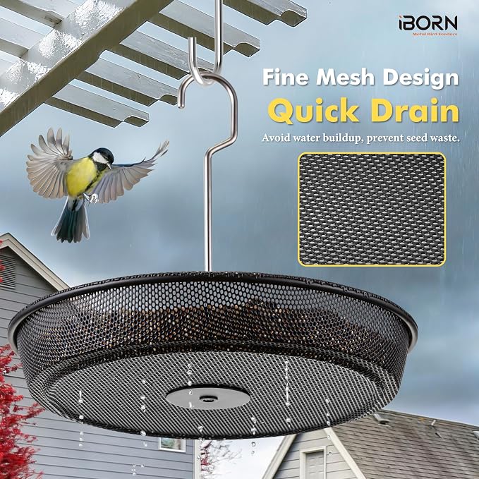 iBorn Hanging Bird Feeder Tray, Metal Mesh Bird Feeder Bowl with Thick Metal Hanger, Sturdy & Durable Bird Feeders for Outdoors, Easy to Refill & Clean, Pack of 1, Black