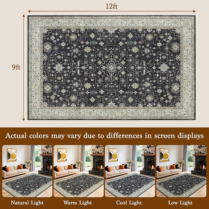 LBRO2M Machine Washable Rug Soft Pet Friendly Carpet 9X12 Black | Vintage Rug 9X12 for Living Room, Bedroom, Dining Room, Home Office, Non Slip Carpet, Foldable Stain Resistant Rugs
