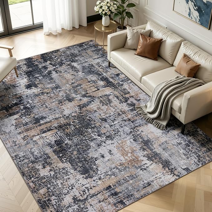Sasttie 9x12 Washable Area Rug, Modern Abstract Large Carpet, Black & Cream | OEKO-TEX Certified, Ultra-Soft Faux Wool, Low Pile, Non-Slip, Lightweight, Thin, for Living Room, Bedroom, Dinning Room