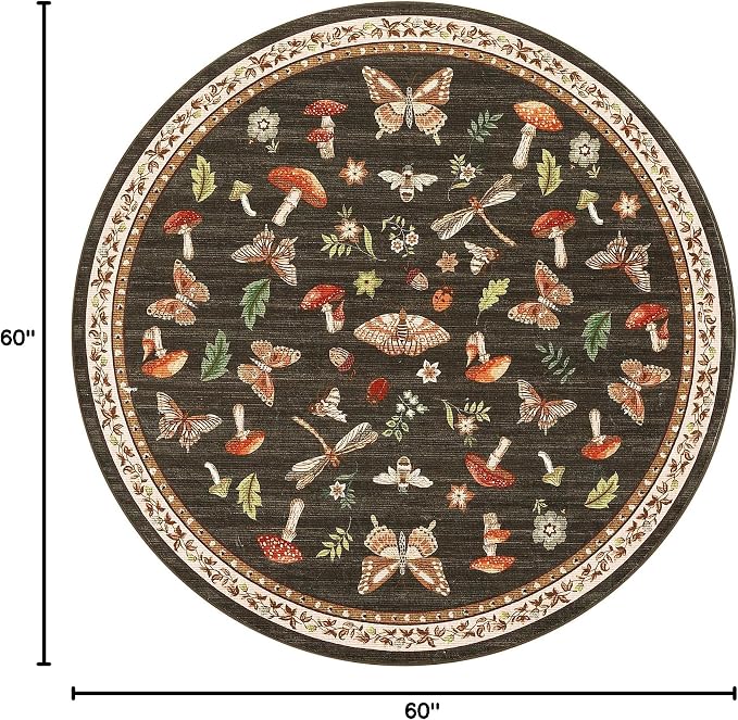 Mushroom Insect 5ft Round Rug Washable Non-Slip Soft Ultra-Thin Small Boho Circle Carpet for Entryway Kitchen Bedroom Nursery Dining Room Brown