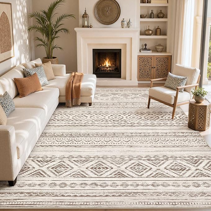 cotiled Boho 10x12 Area Rug for Living Room: Large Moroccan Washable Rug | Stain Resistan Carpet for Bedroom Farmhouse Dark Brown
