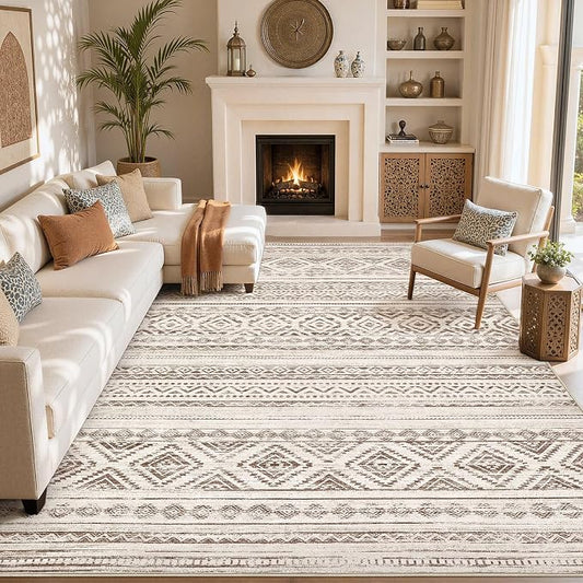 cotiled Boho 9x12 Area Rug for Living Room: Large Moroccan Washable Rug | Stain Resistan Carpet for Bedroom Farmhouse Dining Room Dark Brown