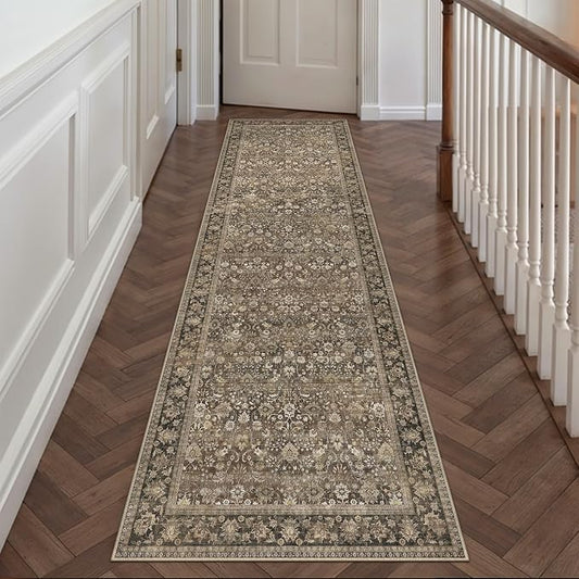 HUGEAR 2x10 Runner Rug Machine Washable Brown Hallway Area Rug Indoor Accent Rug Floral Low Pile Carpet Soft Throw Rug Bedroom Living Room Office Dining Room Kitchen Laundry Room Non Slip