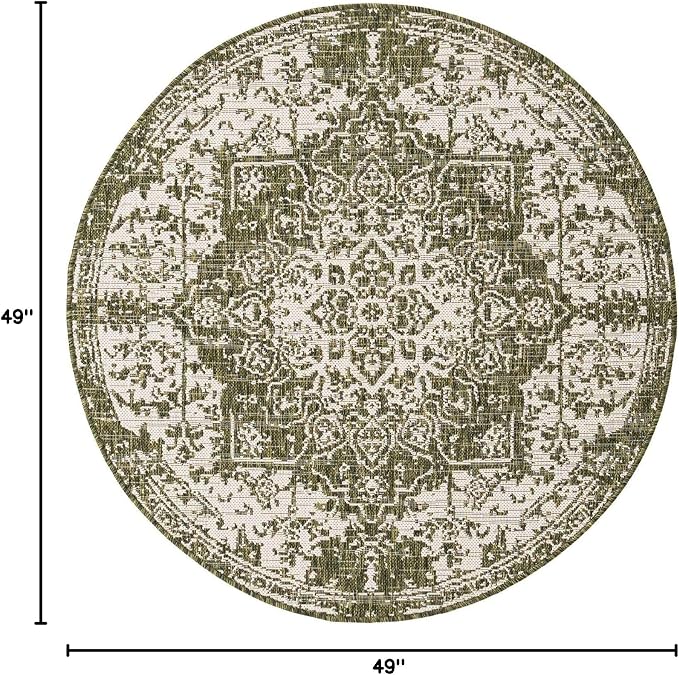 Unique Loom Outdoor Collection Area Rug - Dubai (4' 1' Round, Green/ Ivory)
