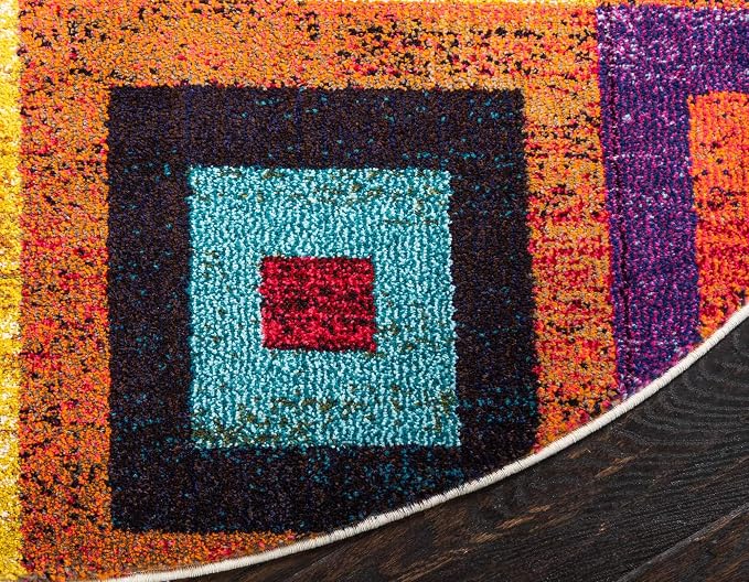 Unique Loom Estrella Collection Colorful, Geometric, Squares Modern, Abstract Area Rug (6' 0 x 6' 0 Round, Multi/Beige)