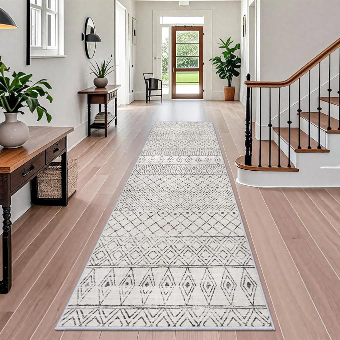 Washable 4x12 Rug for Hallway: Extra Long Moroccan Non Slip Rug Grey | Geometric Pets Friendly Runner Low Pile Soft Indoor Floor Mat Front Door for Kitchen Bedroom Entryway Laundry