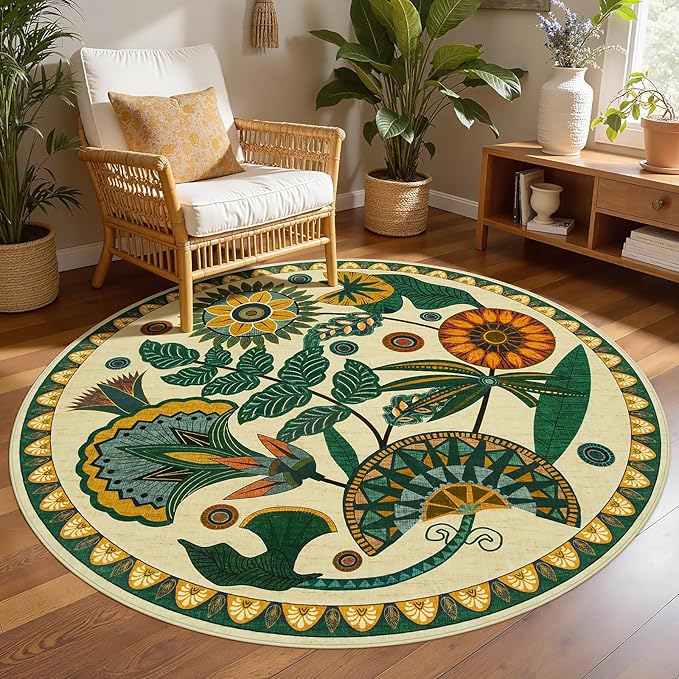 Joydeco Washable Round Rugs 6FT, Circle Area Rug for Bedroom Living Room | Boho Colorful Egypt Floral Non Slip Stain Resistant Flower Indoor Carpet for Dining Room Nursery Guest Room Kitchen, Beige