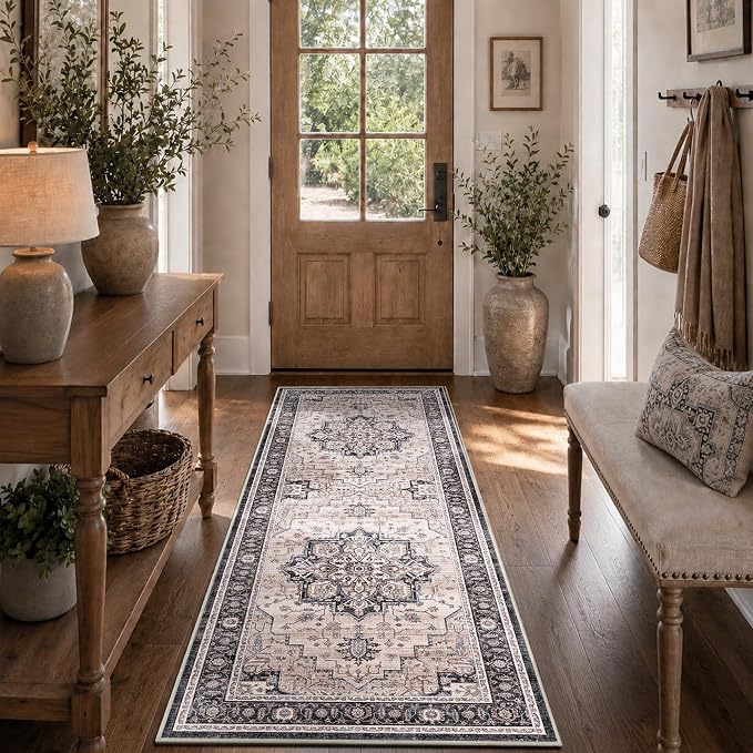 2x6 Vintage Runner Rug Low Pile Non-Slip Washable Hallway Rug | Retro Distressed Print Rug Non-Shedding Soft Washable Carpet Stain Resistant Runner for Hallway Kitchen Bedroom Laundry Room