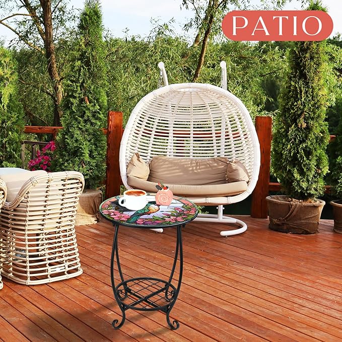 Cinnvoice Outdoor Side Table Round Small Mosaic Patio Accent Indoor End Plant Coffee Tea Table for Yard Patio Porch Garden Living Room, Bedroom(Hummingbird Style,14 Inch)