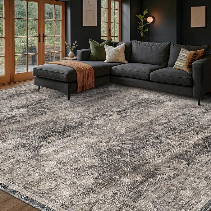 Farmhouse Charcoal Stone 6x9 Rug for Dining Room, Modern Large Area Rugs for Living Room, Boho Washable Rug for Bedroom with Distressed Geometric Design, Stain Resistant Low Pile Non-Slip