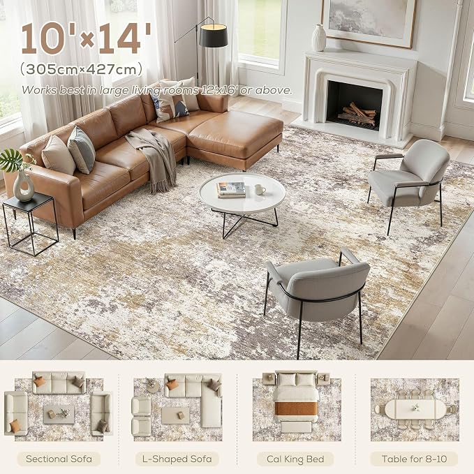 Nakagishi 10X14 Area Rugs for Living Room: Washable Modern Abstract Rug with Non-Slip Silicone Backing Low Pile Soft Carpet for Bedroom & Dining Decor Ideal for Families with Kids and Pets-Brown