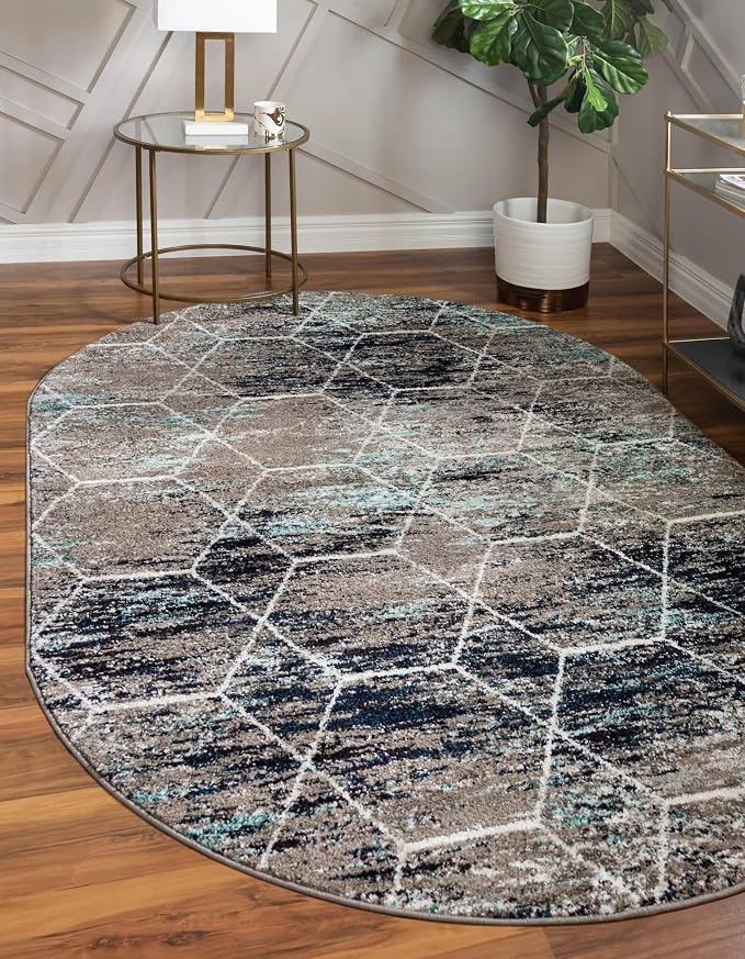 Unique Loom Trellis Frieze Collection Area Rug - Geometric (3' x 5' Oval, Blue Multi/ Ivory)
