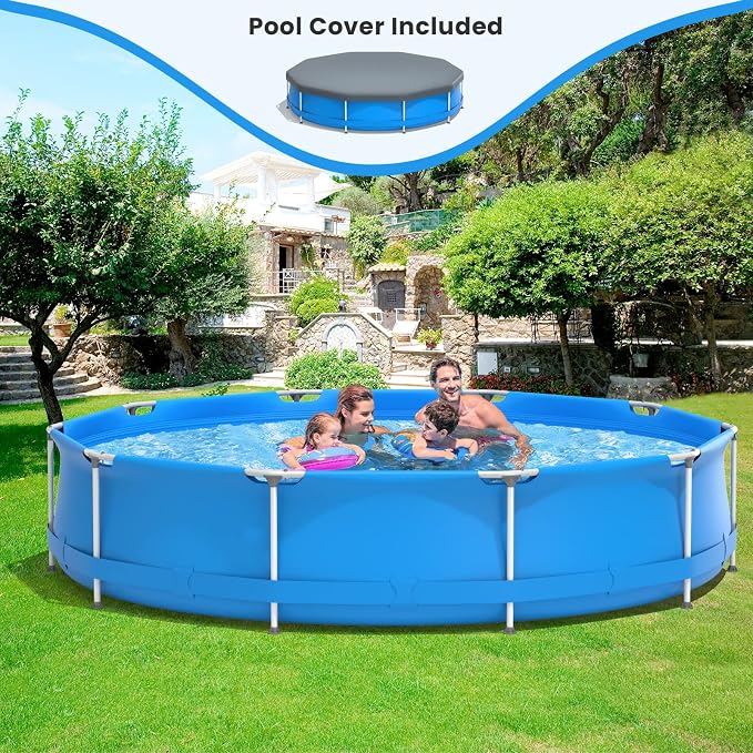 Goplus Above Ground Swimming Pool, 12ft x 12ft x 30inch Outdoor Steel Frame Pool W/Pool Cover, Reinforced Steel Frame, Round Swimming Pool for Backyard, Garden, Patio, Balcony (Blue)