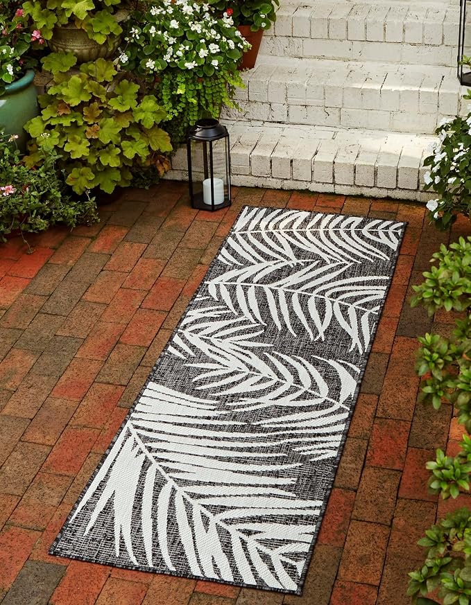Unique Loom Outdoor Botanical Collection Area Rug - Palm (2' x 6' 1" Runner, Charcoal/ Ivory)