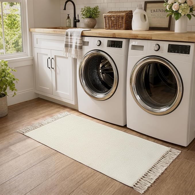 Bathroom Runner Rug, 2' x 5' Modern White Kitchen Mats | Farmhouse Hand-Woven Entryway Rugs Runners for Hallway, Boho Washable Laundry Carpet Indoor Front Door Mat for Bedroom Decor