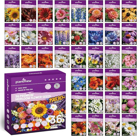 Wildflower Seeds Mix 1/2 lb, 19830+ Seeds Perennial& Annual 36 Varieties Flower Seeds for Planting，Non-GMO Heirloom Bulk Wild Flower Seeds for Indoor & Outdoors, FlowerSeed Packets for Home Garden