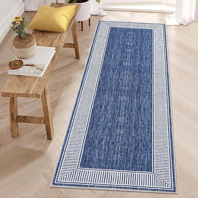 GarveeHome 2x8 Washable Kitchen Runner Rug Non Slip Modern Solid Runners | Low Pile Long Hallway Runner Rugs Blue Throw Carpet for Bathroom Living Room Bedroom, Blue