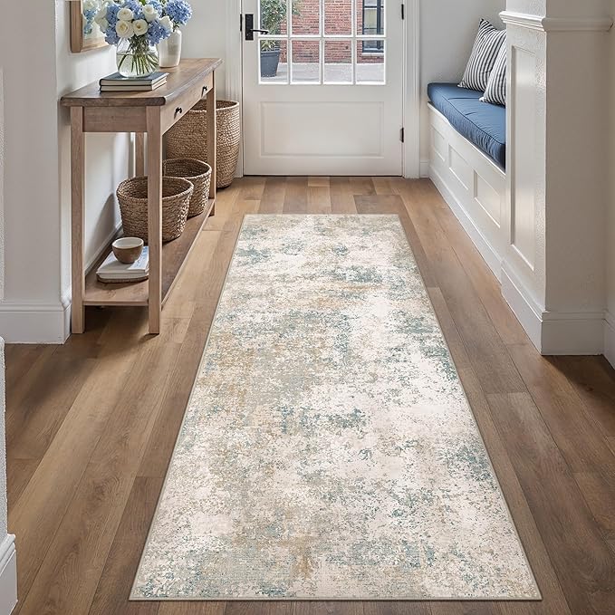 2x6 Beige Blue Modern Abstract Washable Runner Rug for Hallway | Low Pile, Non Slip, Modern Abstract Style, Soft Hallway Runner Rug for Kitchen, Entryway, Laundry Room, Home Decor